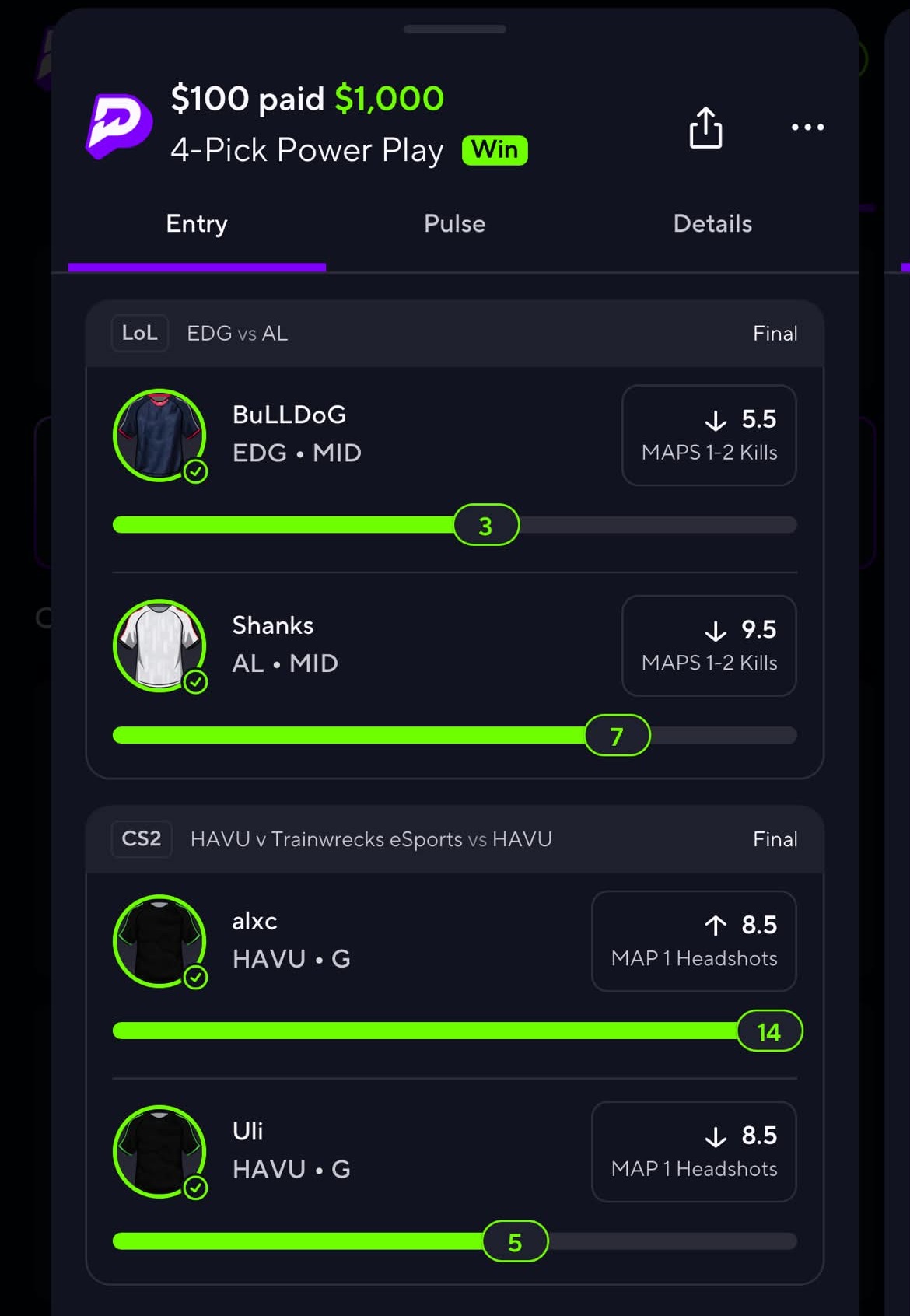 Winning 4-Pick Power Play: $100 paid $1,000. BuLLDoG and Shanks under maps 1-2 kills, alxc over and Uli under map 1 headshots.