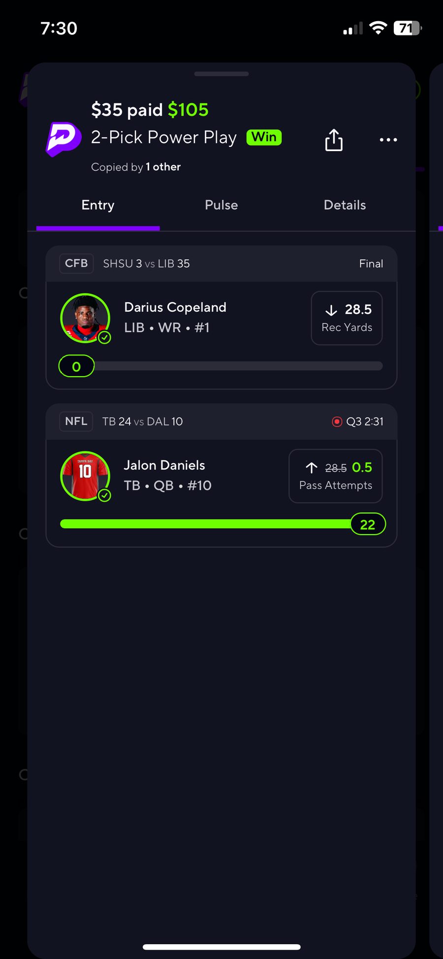 Winning PrizePicks 2-Pick Power Play: $35 paid $105, both legs checked. Darius Copeland under 28.5 Rec Yards (0), Jalon Daniels over 0.5 Pass Attempts (22; line discounted from 28.5).