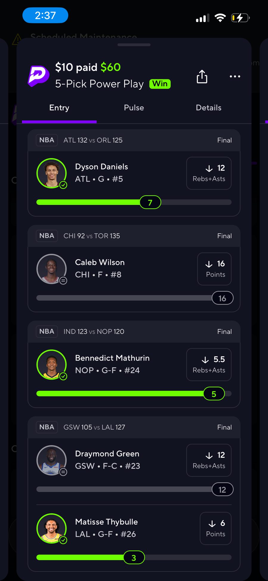 PrizePicks 5-Pick Power Play (Win), $10 -> paid $60. Legs: Dyson Daniels (ATL G) less 12 Rebs+Asts, 7; Caleb Wilson (CHI F) less 16 Points, 16 (tie); Bennedict Mathurin (NOP G-F) less 5.5 Rebs+Asts, 5; Draymond Green (GSW F-C) less 12 Rebs+Asts, 12 (tie); Matisse Thybulle (LAL G-F) less 6 Points, 3.