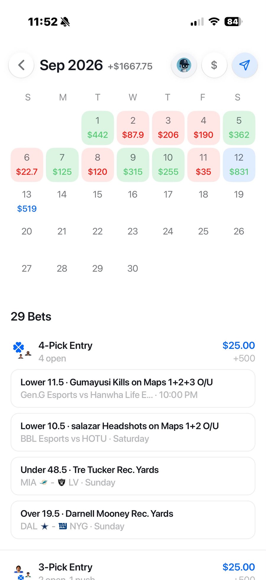 Pikkit September 2026 calendar: +$1,667.75 through the 13th across 29 bets. Green days 1, 5, 7, 9, 10 and 12, red days 2, 3, 4, 6, 8 and 11, the 13th ($519) still pending, with an open 4-pick entry listed below.