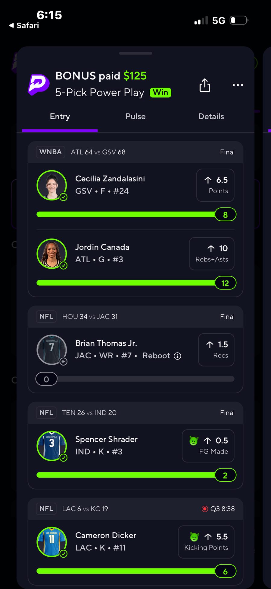 PrizePicks 5-Pick Power Play, Win (bonus entry; stake and multiplier not shown): BONUS paid $125. Cecilia Zandalasini (GSV) over 6.5 Points: 8. Jordin Canada (ATL) over 10 Rebs+Asts: 12. Brian Thomas Jr. (JAC) over 1.5 Recs: 0, marked Reboot and greyed out. Spencer Shrader (IND) over 0.5 FG Made: 2. Cameron Dicker (LAC) over 5.5 Kicking Points: 6, game at Q3 8:38.