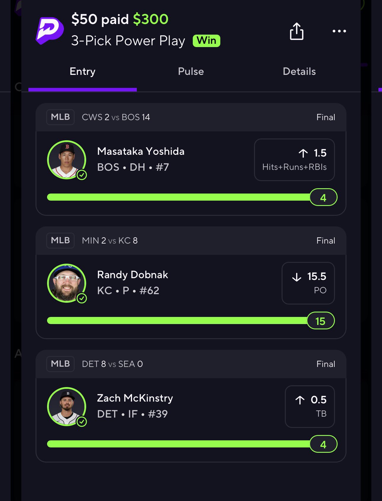 Winning 3-Pick Power Play: $50 paid $300. Yoshida over 1.5 hits+runs+RBIs, Dobnak under 15.5 pitching outs, McKinstry over 0.5 total bases.