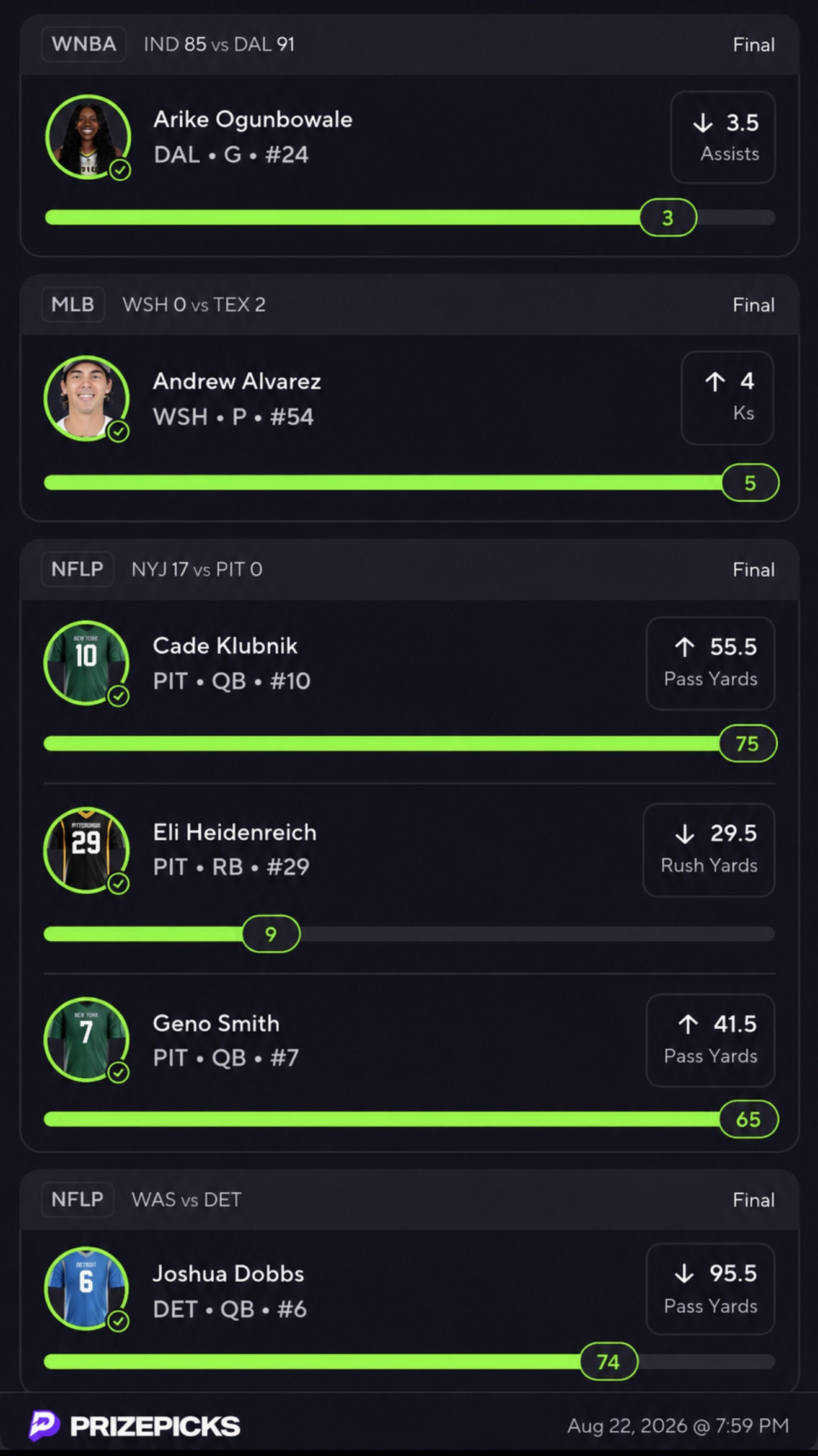 Six-pick flex win, the +18.5% EV Slip Gen slip, all six legs Final