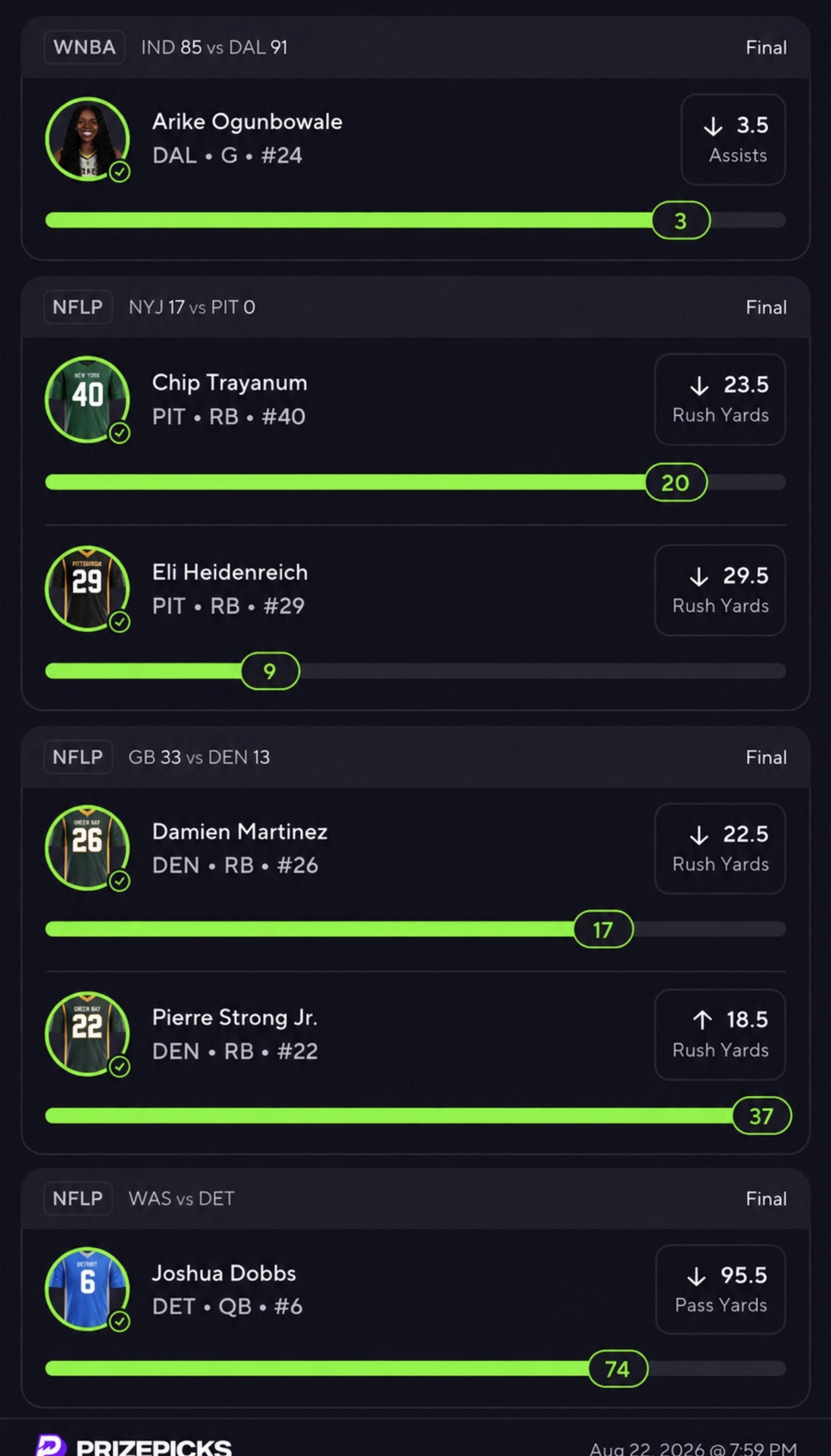 Six-pick flex win, the +9.1% EV Slip Gen slip, all six legs Final